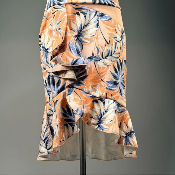 VENUS Tropical Print Off-Shoulder Midi Dress in Peach and Navy (rack 9) - Picture 2 of 10